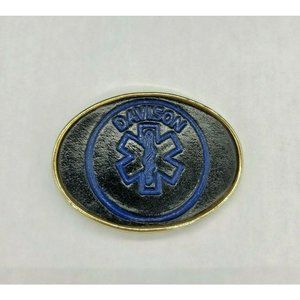 Vintage EMT Belt Buckle Davison Michigan Made In USA #104 Blue Black Gold Tone